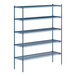 A blue Lavex Pro wire shelving unit with four shelves.