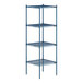 A blue metal wire shelving unit with four shelves.