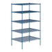 A blue Lavex Pro wire shelving unit with four shelves.