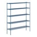 A blue metal Lavex Pro wire shelving unit with four shelves.