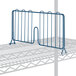 A blue metal shelf divider on a white wire shelf.