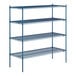 A blue metal wire shelving unit with four shelves.