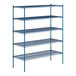 A blue metal Lavex Pro wire shelving unit with four shelves.