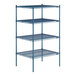 A blue metal wire shelving unit with four shelves.