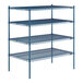 A blue metal Lavex Pro wire shelving unit with four shelves.