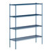 A blue metal wire shelving unit with four shelves.