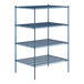 A blue metal Lavex Pro wire shelving unit with four shelves.