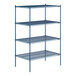 A blue metal wire shelving unit with four shelves.