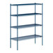 A blue metal Lavex Pro wire shelving unit with four shelves.