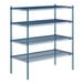 A blue Lavex Pro wire shelving unit with four shelves.