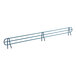 A blue wire shelf ledge on a blue wire rack.