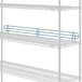 A Lavex Pro metal wire shelf ledge with blue rails.