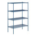 A blue metal wire shelving unit with four shelves.