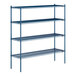 A blue metal Lavex Pro wire shelving unit with four shelves.