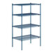 A blue metal Lavex Pro wire shelving unit with four shelves.