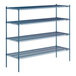 A blue Lavex Pro wire shelving unit with four shelves.