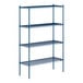 A blue Lavex Pro wire shelving unit with four shelves.