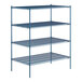 A blue metal wire shelving unit with four shelves.