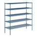 A Lavex Pro blue metal wire shelving unit with four shelves.