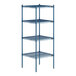 A blue metal wire shelving unit with four shelves.