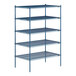 A Lavex Pro blue metal wire shelving unit with four shelves.