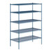 A blue metal wire shelving unit with black cross bars.