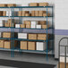 Blue metal Lavex wire shelving in a warehouse with boxes on the shelves.