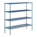 A blue Lavex Pro wire shelving unit with four shelves.