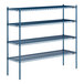 A blue metal Lavex Pro wire shelving unit with four shelves.