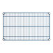 A blue wire shelf with round metal rods.