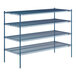 A blue Lavex Pro wire shelving unit with four shelves.