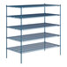 A blue metal Lavex Pro wire shelving unit with four shelves.