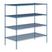 A blue metal Lavex Pro wire shelving unit with four shelves.