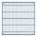 A blue metal wire grid shelf with metal rings.