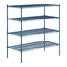 A blue Lavex Pro wire shelving unit with four shelves.