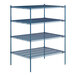 A blue metal wire shelving unit with four shelves.