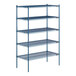 A blue Lavex Pro wire shelving unit with four shelves.