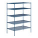 A blue metal wire shelving unit with four shelves.