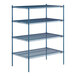 A blue metal Lavex Pro wire shelving unit with four shelves.