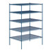 A blue metal wire shelving unit with four shelves.