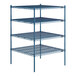 A blue metal wire shelving unit with four shelves.