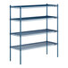 A blue Lavex Pro wire shelving unit with four shelves.