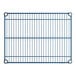 A blue metal wire shelf with a white background.