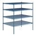 A blue metal Lavex Pro wire shelving unit with four shelves.