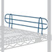 A Lavex Pro blue metal shelf ledge on a wire shelf.