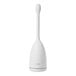 An OXO Good Grips white toilet brush with a long handle in a white plastic caddy.