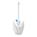 An OXO Good Grips white and blue toilet brush with white cone-shaped caddy.