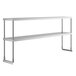 An Avantco stainless steel double deck overshelf with metal legs.