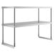 A stainless steel Avantco double deck overshelf with metal legs.