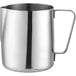 A Tablecraft stainless steel frothing pitcher with a handle.